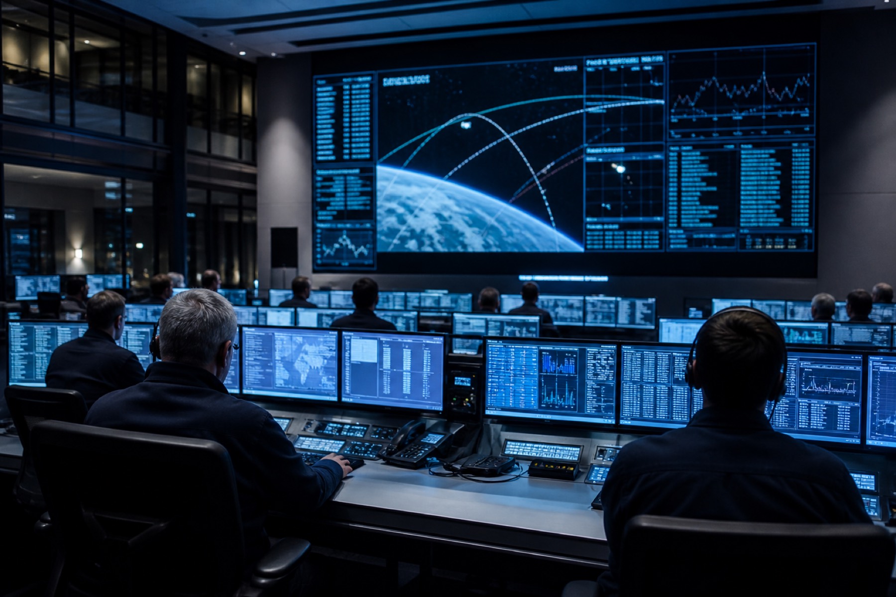 Salle de contrôle de mission de nuit, consoles et écrans de télémétrie bleus