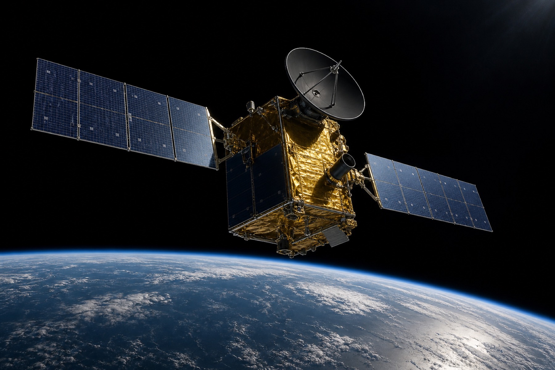 Rendu du satellite ARDENNE-1 en orbite, panneaux solaires déployés au-dessus de la Terre